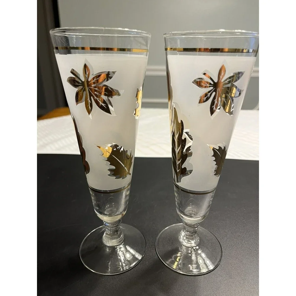 Pair of Vtg Frosted Gold Leaves Pilsner Stem Glasses Signed G Reeves